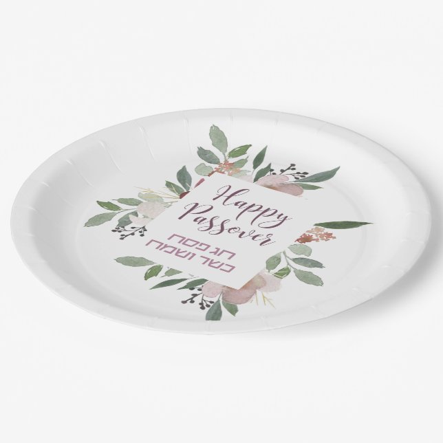 Pesach Kasher veSameach Happy Passover Floral Paper Plates (Angled)
