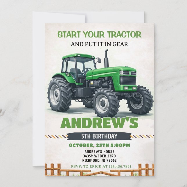 Pesonal Boys Green Tractor Farm Birthday Invitation (Front)