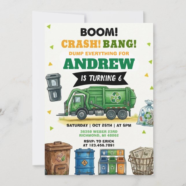 Pesonal Dump Everything Trash Truck Birthday Bash Invitation (Front)