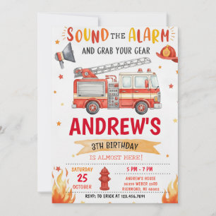 Pesonal Fire truck Birthday Party Invitation