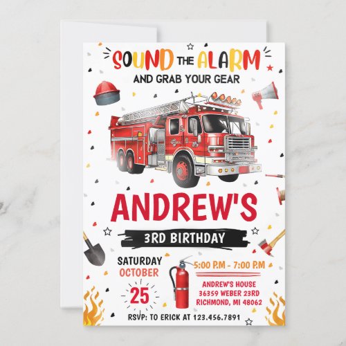 Pesonal FireFigher truck Birthday Party  Invitation