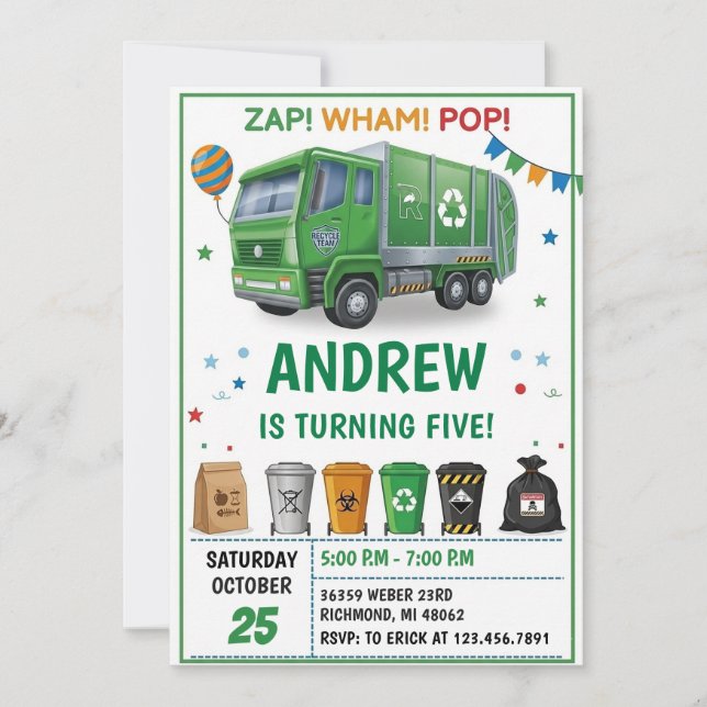 Pesonal Garbage Dump Truck Birthday party Invitation (Front)