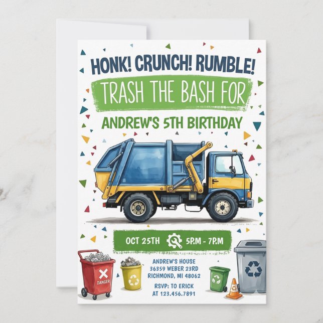 Pesonal Garbage Truck Birthday Invitation (Front)