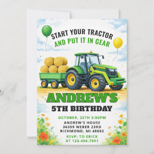 Pesonal Green Farm Tractor Birthday Invitation