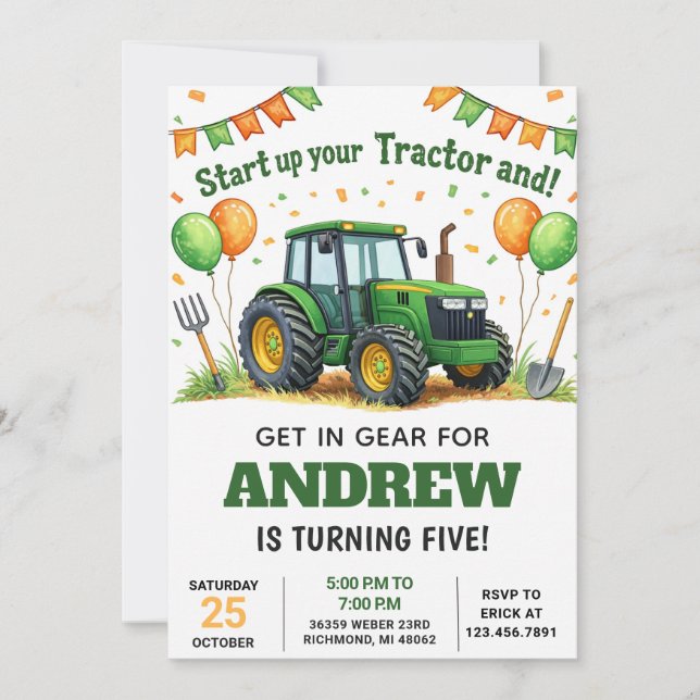 Pesonal Green Tractor Birthday Invitation (Front)
