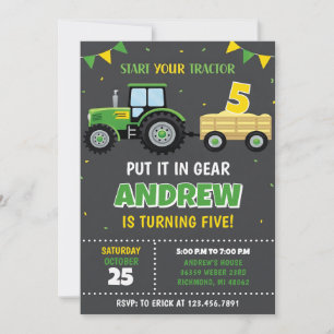 Pesonal Green Yellow Tractor Birthday Invitation