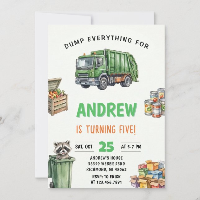 Pesonal Kids Garbage Truck Birthday Bash Invitation (Front)