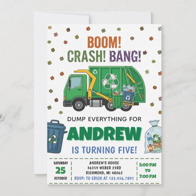 Pesonal Modern Dump Trucks Birthday party Invitation (Front)