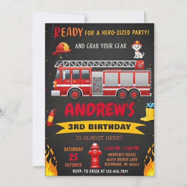 Pesonal Modern Fire truck Birthday Party Invitation (Front)
