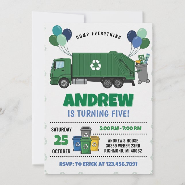 Pesonal Modern Garbage Dump Truck Birthday party Invitation (Front)