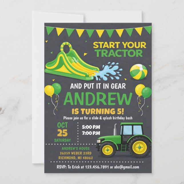 Pesonal Modern Tractor Water Slide Birthday Invitation (Front)