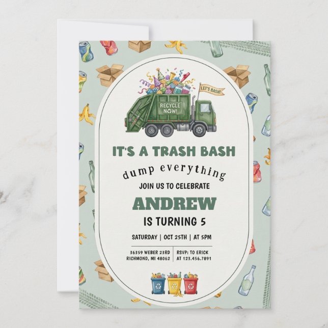 Pesonal Recycle Trash Garbage Truck Birthday Invitation (Front)
