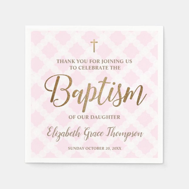 Pesonalized Baby Girl Modern Gold Pink Baptism Napkins (Front)