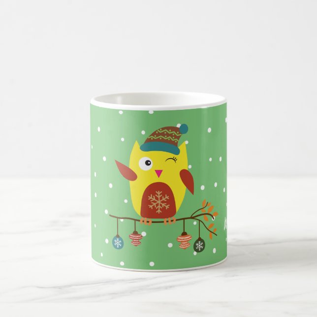 Pesonalized Cute Christmas Owl Winter Illustration Coffee Mug (Center)
