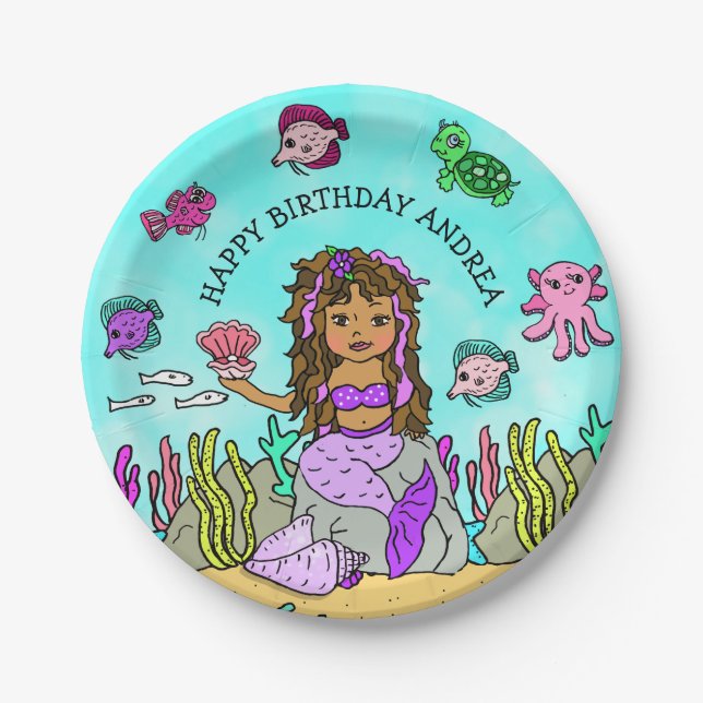 Pesonalized Ethnic Hand darwn  Mermaid Birthday Paper Plates (Front)