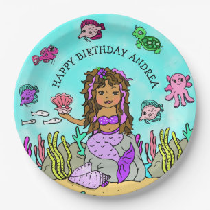 Pesonalized Ethnic Hand darwn  Mermaid Birthday Paper Plates