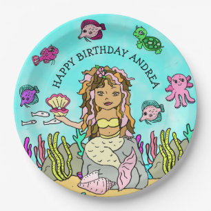 Pesonalized Ethnic Hand darwn  Mermaid Birthday Paper Plates