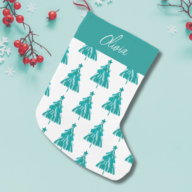 Pesonalized Green Winter Forest Christmas Tree Small Christmas Stocking (Festive Christmas Tree winter woodland Christmas Stocking with personalized name)