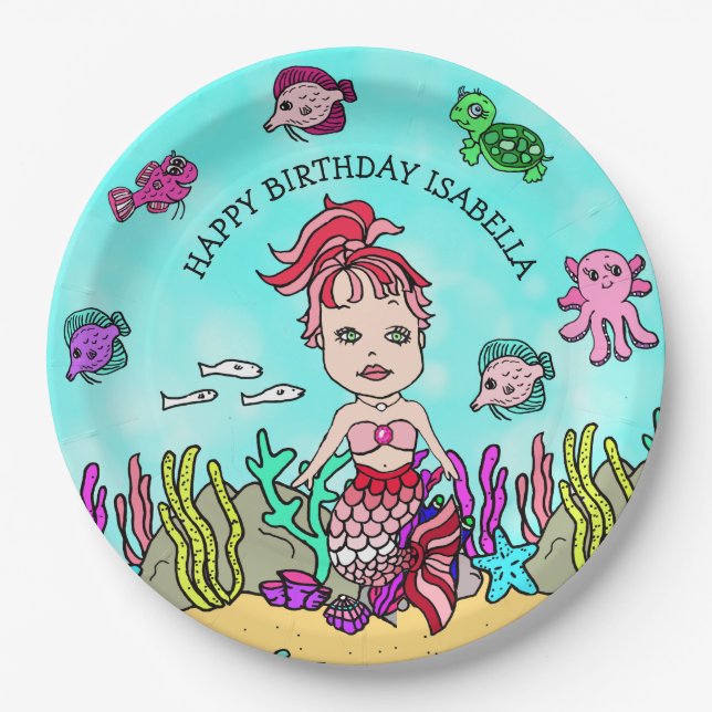 Pesonalized Hand darwn Mermaid Birthday Paper Plates (Front)