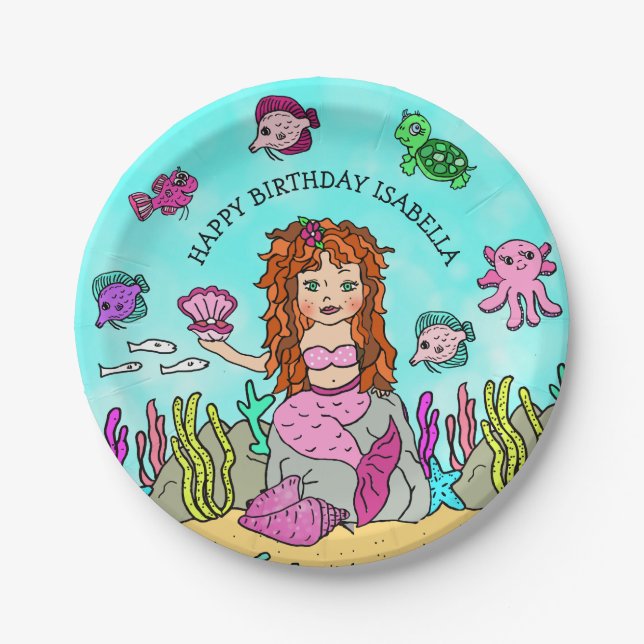 Pesonalized Hand darwn Mermaid Birthday Paper Plates (Front)
