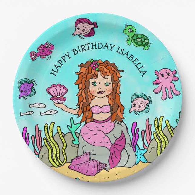Pesonalized Hand darwn Mermaid Birthday Paper Plates (Front)