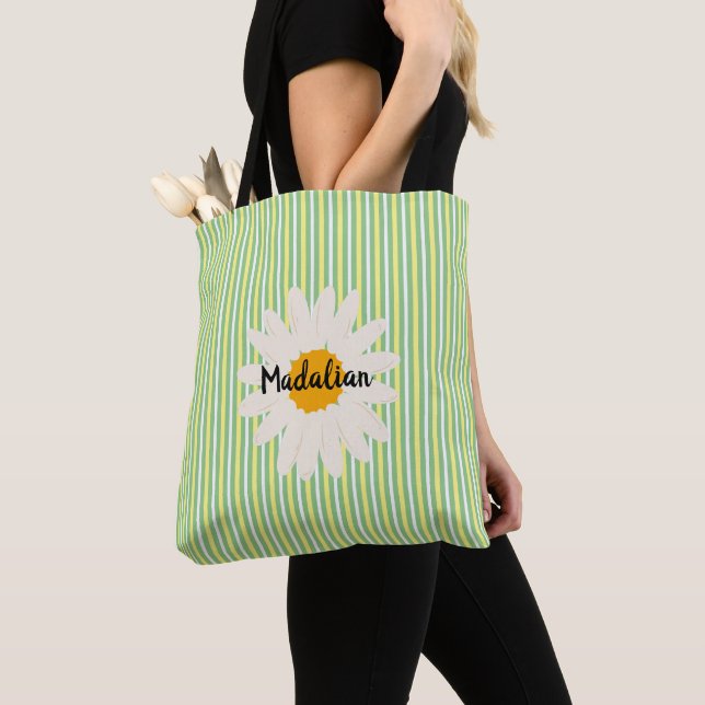 Pesonalized pretty retro style greenery stripes tote bag (Close Up)
