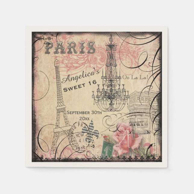 Pesonalized Sweet 16 Eiffel Tower and Chandelier Napkins (Front)