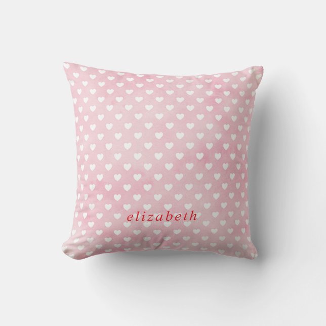 Pesonalized White Hearts on Pink Throw Pillow (Front)