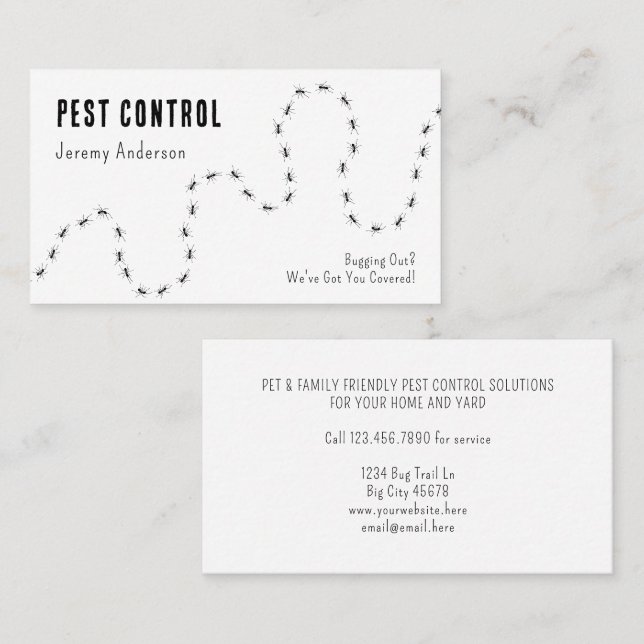 Pest Control Ants Bugs Modern Minimal Black White Business Card (Front/Back)