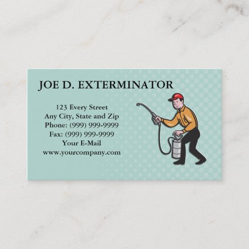 Customizable Pest Control Exterminator Worker Spraying Cartoon Business Cards