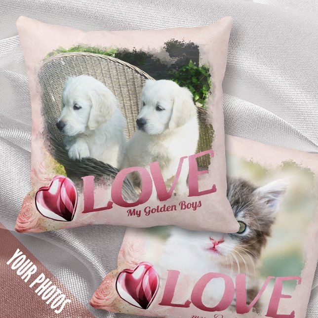 Pet 1+1 Photo Keepsake, Pink Frame, Heart & Love - Throw Pillow (Creator Uploaded)