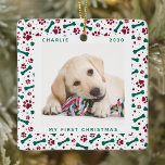 Pet 2 Dog Photo Paw Prints Personalized Christmas  Ceramic Ornament<br><div class="desc">Decorate your tree or give a special gift this holiday season with this elegant pet photo design christmas ornament, and matching decor. This dog christmas ornament features green and red paw prints and bones pattern. Personalize with name front, year back . This pet christmas ornament will be a favorite among...</div>