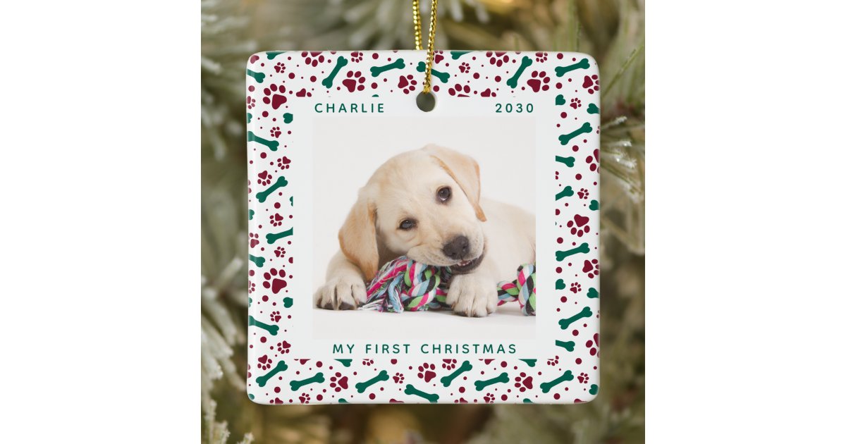 Pet 2 Dog Photo Paw Prints Personalized Christmas Ceramic Ornament | Zazzle