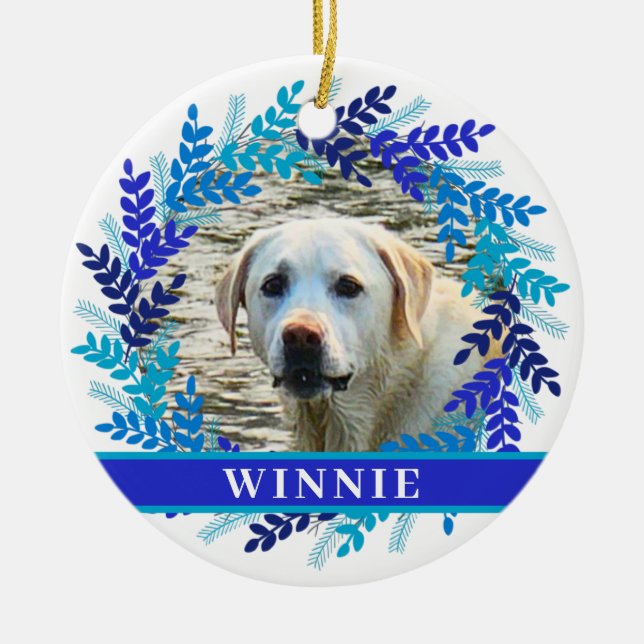Pet 2 Photo Blue Wreath Christmas Wreath Ceramic Ornament (Front)