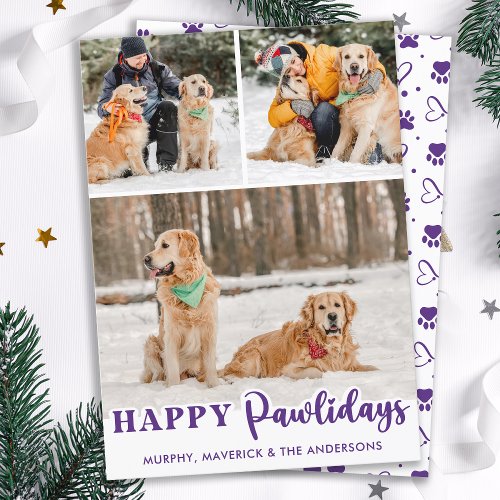 Pet 3 Photo Dog Lover Personalized Happy Pawlidays Holiday Card