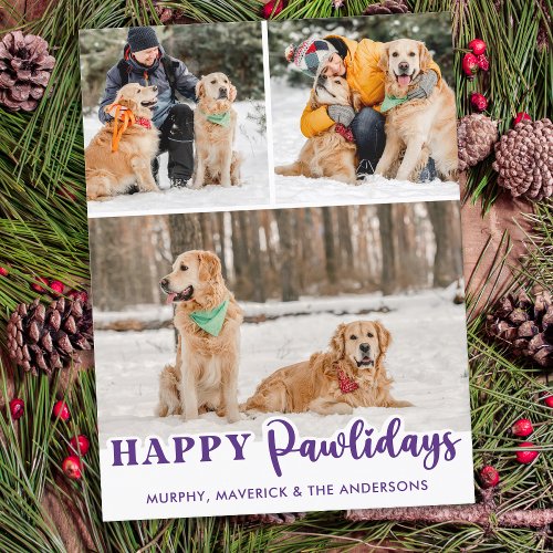 Pet 3 Photo Dog Lover Personalized Happy Pawlidays Holiday Postcard