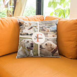Pet 4 Photo Collage Name Dog Monogram Throw Pillow