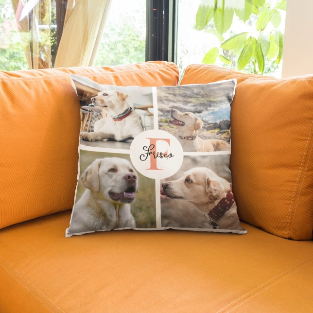 Pet  4 Photo Collage Name Dog Monogram  Throw Pillow (Creator Uploaded)