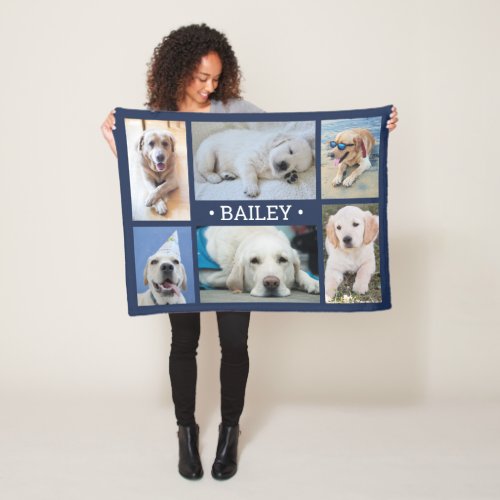 Pet 6 Photo Collage Navy Blue Cute Pictures Dog Fleece Blanket