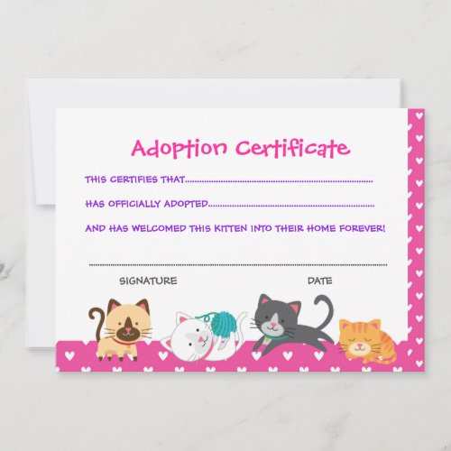 Pet adoption certificate Kitten Birthday Invitation