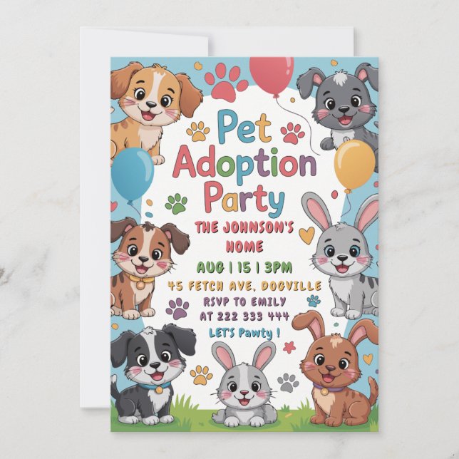 Pet Adoption Party Invitation - Cute Animal Theme  (Front)