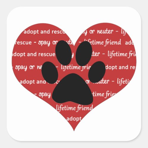 Pet adoption rescue heart paw print sticker square