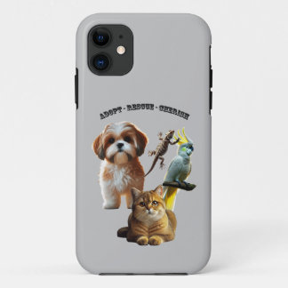 Pet Adoption with Dog, Cat, Bird, and Lizard URM iPhone 11 Case