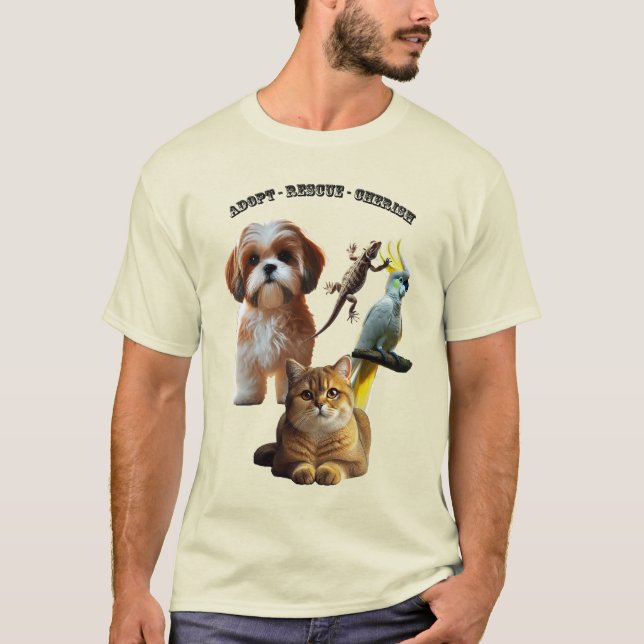 Pet Adoption with Dog, Cat, Bird, and Lizard URM T-Shirt (Front)
