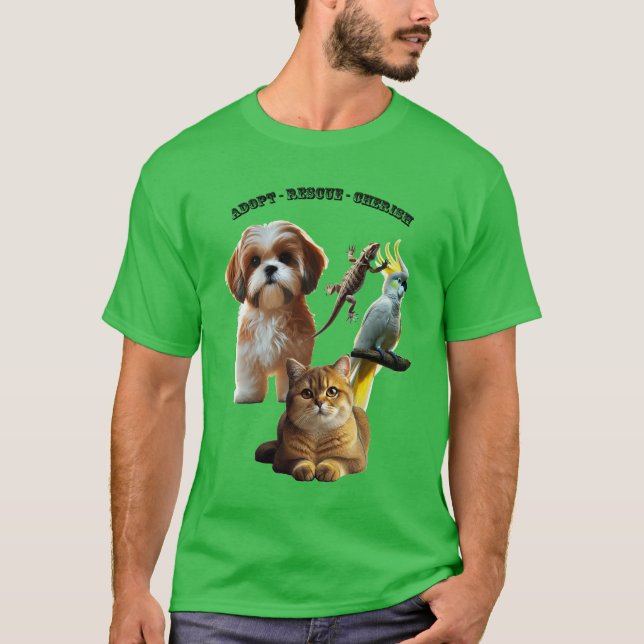 Pet Adoption with Dog, Cat, Bird, and Lizard URM T-Shirt (Front)