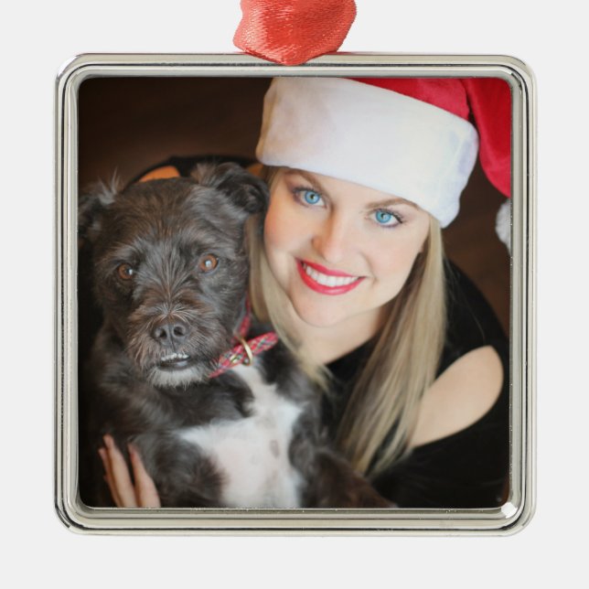 Pet And Mom Holiday Photo Metal Ornament (Front)