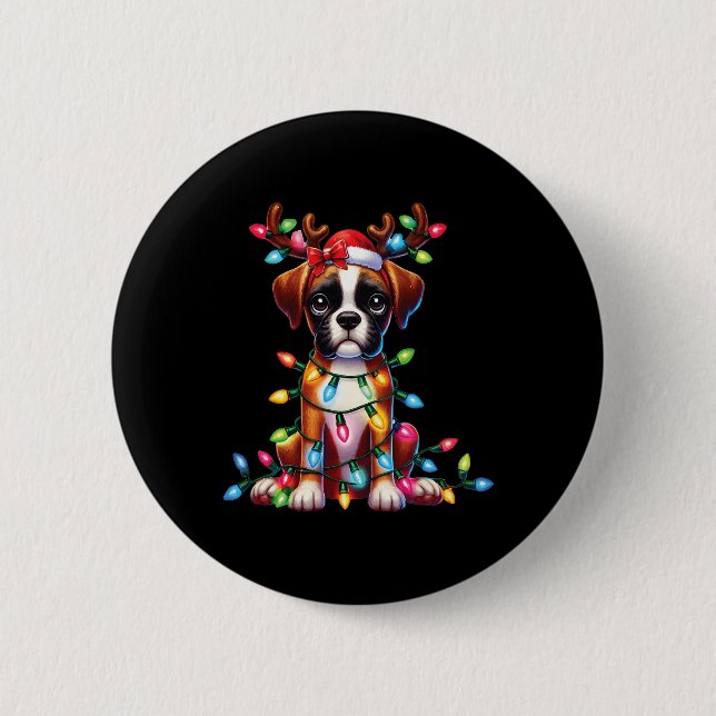 Pet Animal Lovers Cute Boxer Dog Reindeer Antlers  Button (Front)