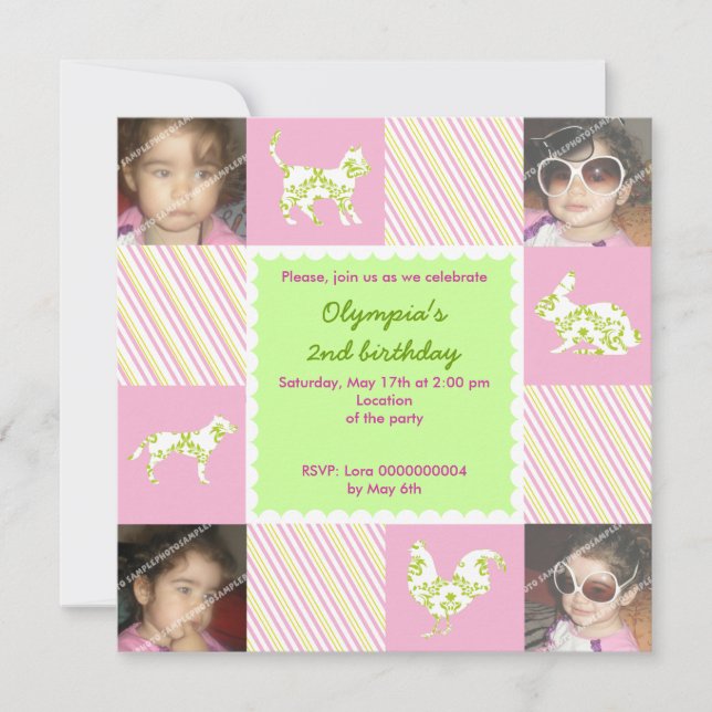 Pet animals & stripes birthday photo invitation (Front)