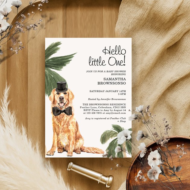Pet Baby Shower Tropic Palm Golden Retriever Dog Invitation
