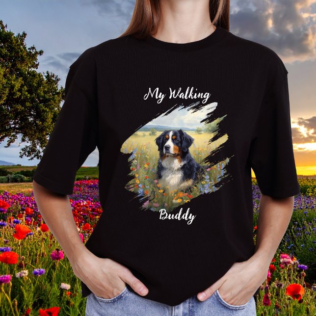 Pet Bernese Walking Buddy Black Personalize T-Shirt (Elegant Bernese Mountain Dog shirt, personalize, edit the wording)